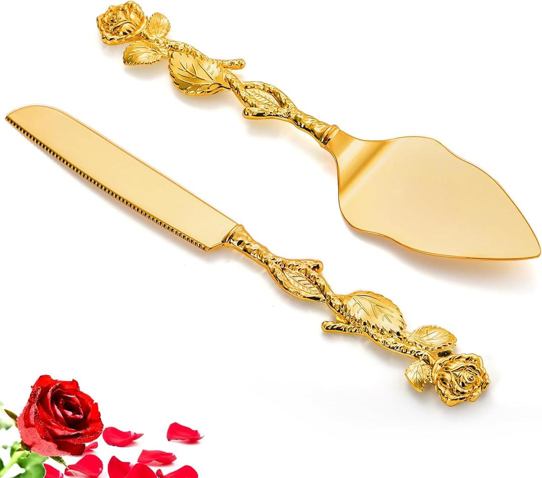 Wedding Cake Knife and Server Set, Gold Cake Cutting Set for Wedding, Vintage Rose Wedding Cake Cutter and Server for Birthday, Party, Anniversary, Cake, Pie, Pizza