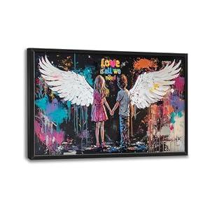 Angel Wings Large Wall Art for Living Room Colorful Graffiti Boy Girl Framed Canvas Wall Decor Banksy Love Pictures Print Painting Modern Home Decoration Large Artwork for Bedroom Bathroom 24"x36"