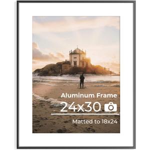 Acovy 24x30 Aluminum Picture Frame - with Mat for 18x24 Photo or Without Mat for 24 x 30 Photo, Metal Poster Frame with High Definition Plexiglass, Wall Mounting or Tabletop Display, Black, Set of 1