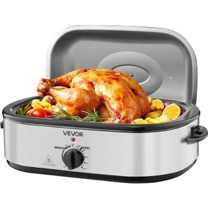 VEVOR Roaster Oven, 18QT Electric Roaster Oven, 150-450 Adjustable Temperature Electric Roasting Pan with Self-Basting Lid, Cool-Touch Handle, Defrost & Warm Function, Stainless Steel Turkey Ovens (Silver)