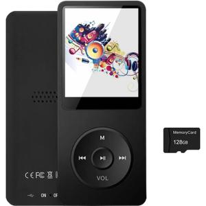 128GB MP3 Player with Bluetooth 5.2, Portable Black Music Player for Kids with Built-in HD Speaker, FM Radio, Voice Recorder, Earphones Included