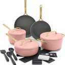 GreenPan GP5 14 Piece Cookware Pots and Pans Set, Hard Anodized Healthy Ceramic Nonstick PFAS-Free, Champagne Handles, Heavy Gauge, Stay-Flat Surface, Induction, Dishwasher and Oven Safe, Dusty Rose