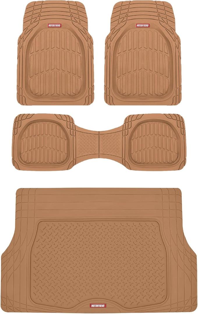 Motor Trend FlexTough 4-Piece Heavy Duty Floor Mats for Cars Trucks SUVs, Automotive Floor Mats Car Mats Full Set Front, Rear & Cargo, Trim-To-Fit Semi-Custom Deep Dish All Weather Rubber Mats - Beige