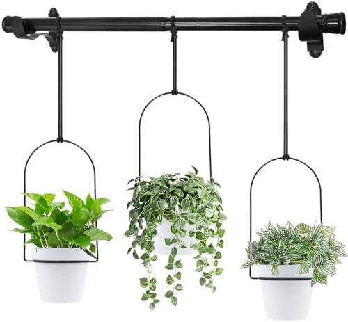 DOUBFIVSY Hanging Planters for Indoor Plants Plant Hanger, Adjustable Hanging Window Planter Hanging Wall Planter for Garden, 23in Plant Shelves Metal Holder Rod with Pots (Black)