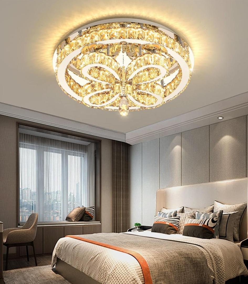 Modern Crystal Chandelier LED 2-Tier Flush Mount Ceiling Lighting Dimmable Pendant Light for Living Room Bedroom Dining Room Entryway Hallway, 20 inch