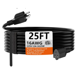 HUANCHAIN 25 FT 16 Gauge Black Indoor Outdoor Extension Cord Waterproof, Flexible Cold Weather 3 Prong Electric Cord Outside, 13A 1625W 125V 16AWG SJTW, ETL Listed