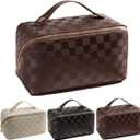 Large Capacity Checkered Makeup Bags Portable Travel Cosmetic Bags Open-Flat Toiletry Waterproof Bag for Women Gift Make up Organizer with Divider and Handle Pouch Zipper Bag (latte-checkered)