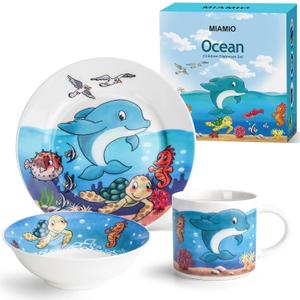 MIAMIO Set of 3 Kids Dinnerware Set/Porcelain Children Dishes, Kids Dish Set, Childrens Tableware Set - Includes Plate, Bowl and Cup For Kids and Toddler (Ocean)