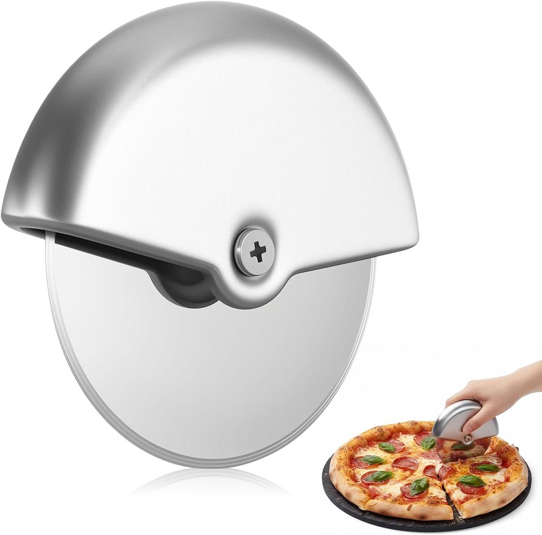 ElevateTech Pizza Cutter Wheel with Safety Blade Handheld Pizza Slicer for Cutting Through Pizzas, Crusts, Pies, Stainless Steel Pizzas Cutters with Comfort Grip, Easy Cleaning Dishwasher Safe, Silver
