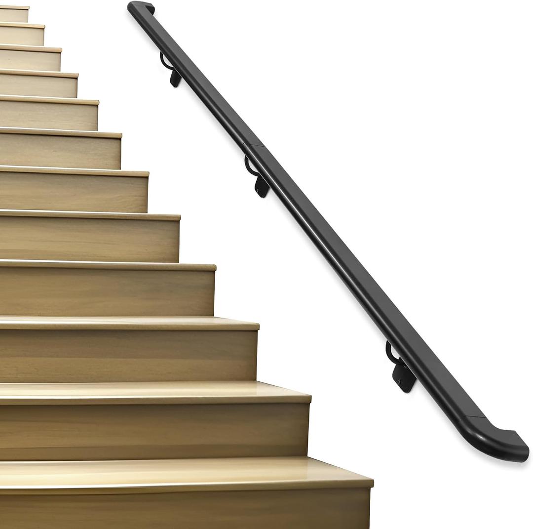 Pipe Stair Handrail Black Hand Rail for Indoor & Outdoor Steps Metal Handrail for Indoor Stairs Stair Railing with Wall Return Heavy-Duty Support Railing for Stairs & Porches (5FT)