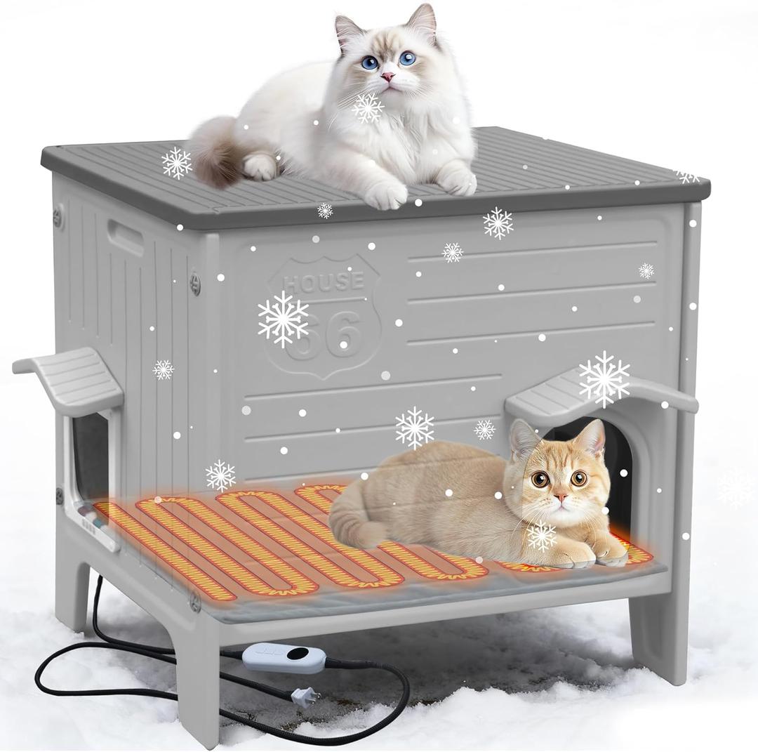 Deblue Heated Cat House for Outside Weatherpoof Plastic Cats Houses Outdoor with Escape Door Indoor Waterproof Feral/Pet Cat Shelter for Puppy, Rabbit(Grey)