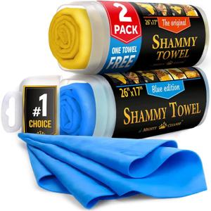 Premium 2pk +1 Free Shammy Cloth for Car Drying - 26"x17" - Super Absorbent Chamois Towel - Scratch-Free, Reusable & Soft Wash Cloth - Car Drying Towels (Yellow, Blue, Blue)