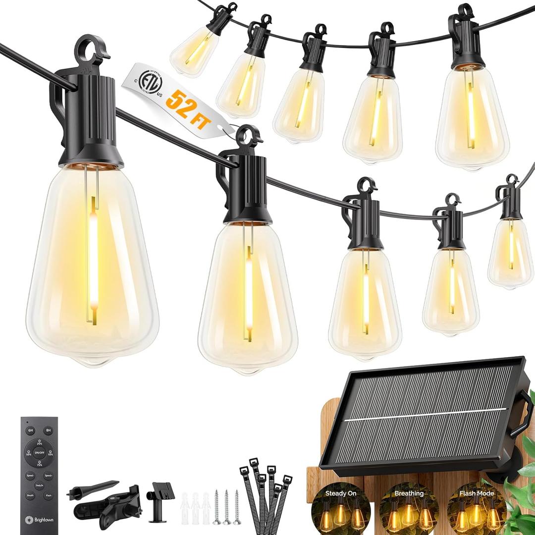 Brightown 52FT Solar String Lights Outdoor Waterproof, Patio Lights with Remote & Timer, USB/ Solar Powered Dimmable Outdoor Lights, 15+1 LED Bulbs for Backyard Garden Camping Party - 26Hrs Runtime