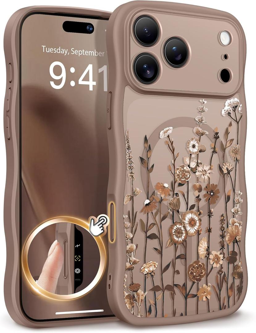 GVIEWIN for iPhone 17 Pro Case Compatible with MagSafe [Curly Wave Edge][Full Camera Protection] Floral Translucent Shockproof Magnetic Women Phone Case for iPhone 17 Pro 6.3'', Floratopia/Brown