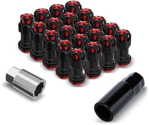 YIIQIEO Lug Nuts Aluminum/Alloy Steel Tire Nut Lock 20 PCS Hex Nuts,4xEight Point Spline Nuts,1xHex Socket Key,1xEight Point Spline Socket Key,22mm OD/45mm H (Red Accents/Black Body, M12x1.5)