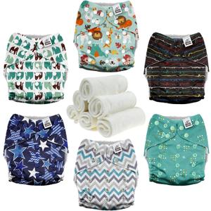 Mama Koala 3.0 Cloth Diapers for Babies with AWJ Lining, 6 Pack with 6 Natural Cloth Diaper Inserts - Reusable and Washable Pocket Diapers (Jagger-R)