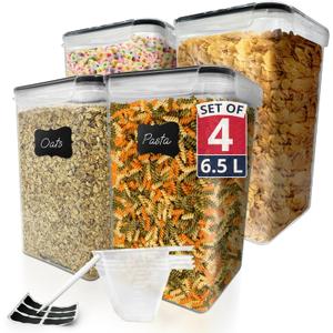 Reli. 6.5L Airtight Food Storage Containers with Lids (4 Sets) | Kitchen Organizers and Storage Containers, Pantry Organizers | BPA Free Plastic XL Set w/ 4 Measuring Cups, 12 Labels, Pen