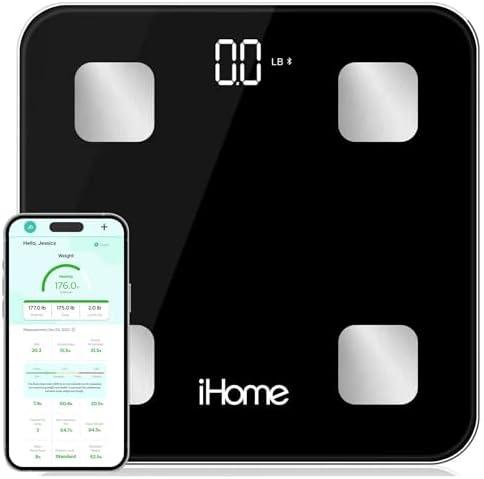 iHome Digital Bluetooth Smart Scale for Body Weight, Weight Scale, Including BMI, Body Fat, Muscle Mass, Batteries Included (Black Smart Bluetooth)