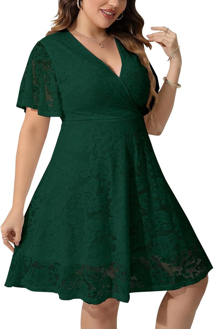 SCOMCHIC Women Plus Size Lace Cocktail Dresses Faux Wrap V Neck Short Sleeve Flowy A Line Wedding Guest Midi Dress (XL)