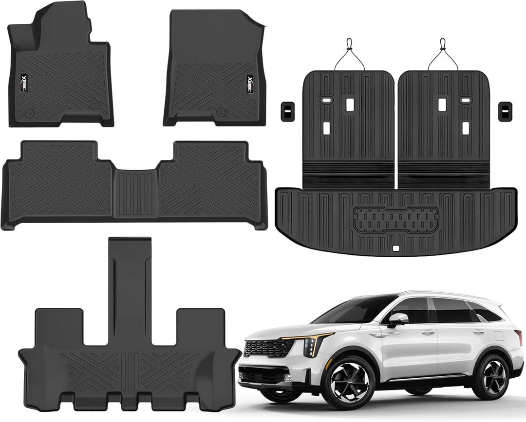Floor Mats for 2021-2025 2026 Kia Sorento 6&7 Seats Hybrid Trunk Mat with Backrest Mat All Weather TPE Rubber Cargo Liner Back Seat Cover 3rd Row for 2021-2026 Kia Sorento Accessories