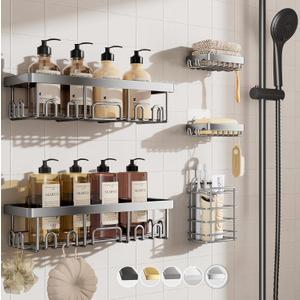 Veken Adhesive Shower Caddy 5-Pack,Heavy Weight Bearing,Large Wall Mounted Shower Shelves Rack,Organizer Storage Accessories with Soap Dish&Toothbrush Holder,Ideal for Bathroom,Home&Kitchen,Silver (5-Piece Set)