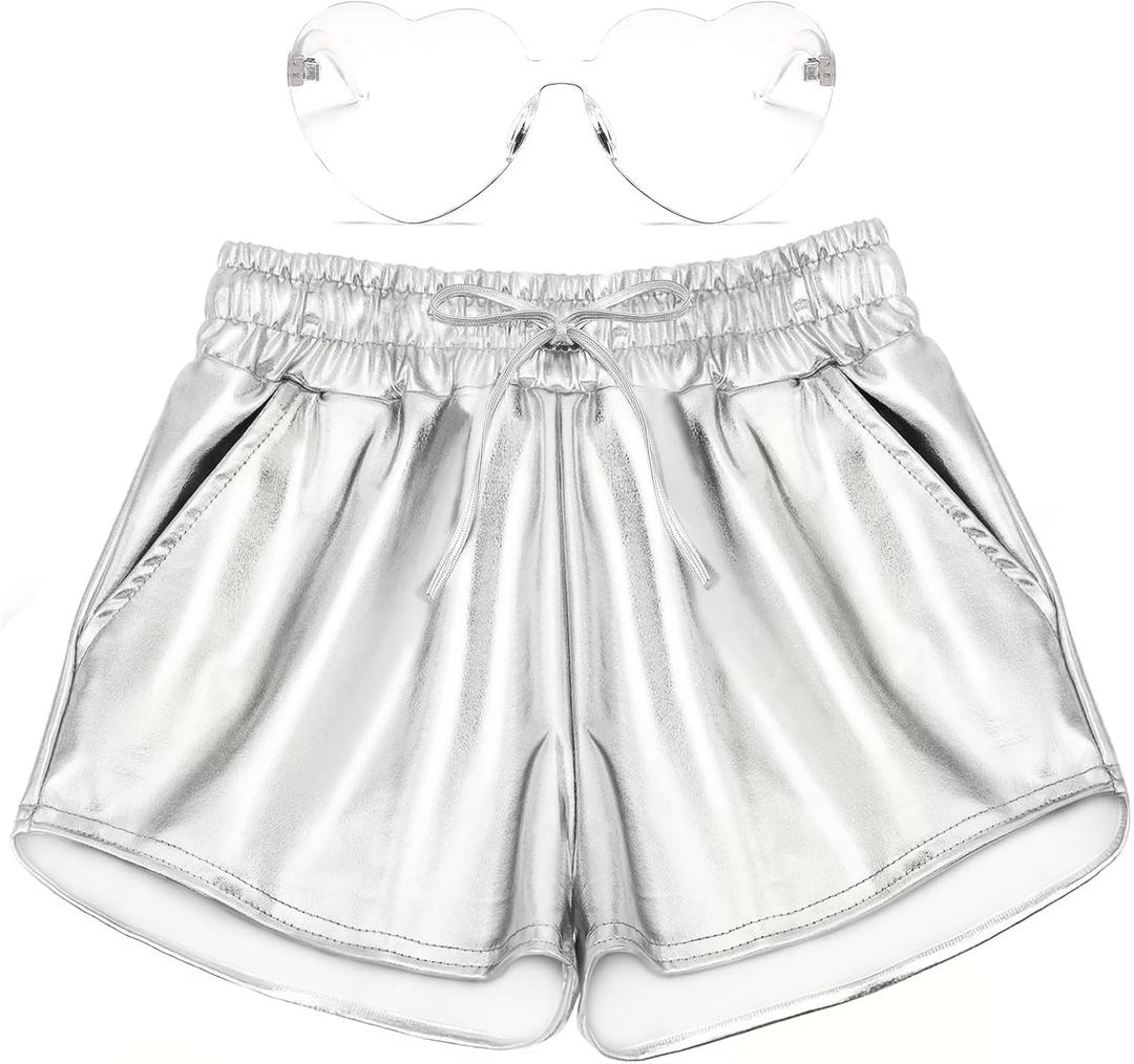 Girls Metallic Shorts Shiny Hot Pants for Dance Gymnastics Sparkly Shorts with Sunglasses (Small, Silver)