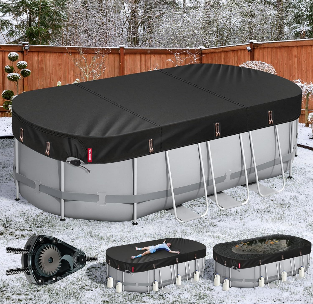 QH.HOME Winter Oval Pool Cover for 10x16 Ft Coleman/Bestway/Intex Frame Oval Pool, [2025 Upgraded Heavy Duty Fabric Durable&Ultimate Windproof] with Fast Tightening Ratchet,Cold and UV Resistant