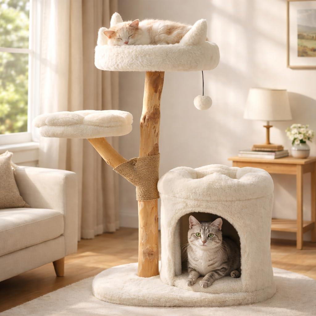 Real Wood Modern Cat Tower, Climbing Tower Cats Tree with Scratching Post and Ball, Cat Furniture with Flower Bed for 37.5" Tall, Branch Luxury Condo for Indoor Wood Cats Large Adult Tree, Warm White