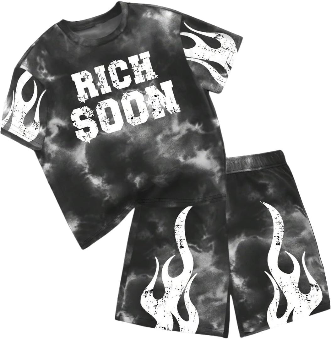 Boy's 2 Piece Vintage Summer Outfits Tie Dye Graphic Tees and Shorts Set Casual Streetwear 14Y