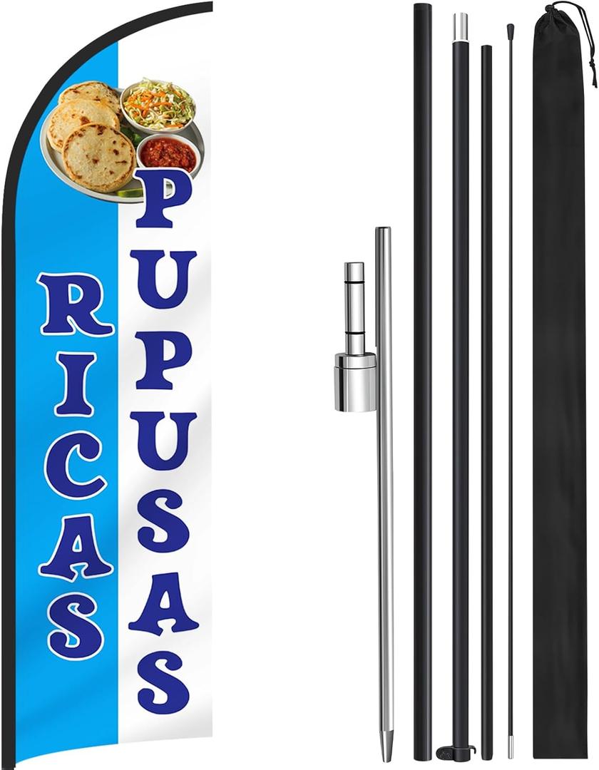 12 ft x 2.5 ft Ricas Pupusas Advertising Feather Banner Swooper Flag Sign with Flag Pole Kit and Ground Stake for El Salvador Restaurant Business Advertising Store Fronts Shops Outdoor