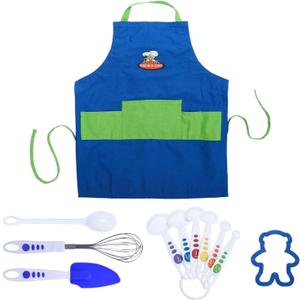 Curious Chef 11 Pieces Kids Cooking Utensils Kit, Includes Real Baking Tools and Apron, Dishwasher Safe and Made with BPA-Free Plastic, Blue and Green