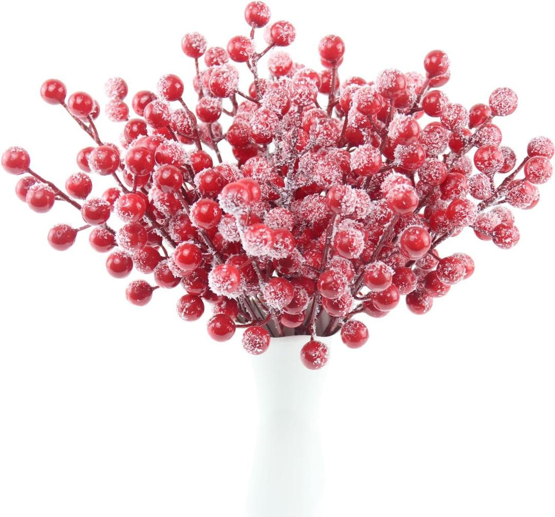 Feitore 30 Pack Snow Frosted Red Berry Stems 8.9" Holly Frosted Berry Picks Snowy Artificial Red Berries for Christmas Tree Filler Picks and Sprays Holiday DIY Crafts Christmas Decor