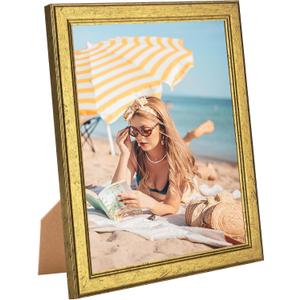 Wood 10x11 Frame Gold, Ornate Natural Wooden 11x10in Picture Frames, Modern Golden 10 x 11inch Gallery Photo Pic Frame with HD Plexiglass, Horizontal Vertical Wall Mounting Tabletop Display 1Pcs