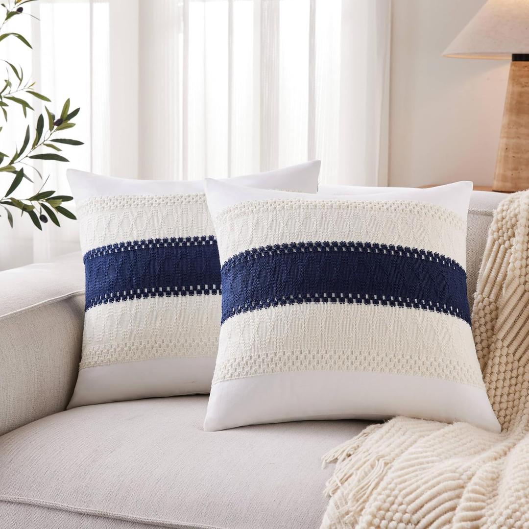 Soft Cotton Boho Throw Pillow Covers Set of 2, Natural White/Contrast Navy Blue 16x16 Inch, Navy Blue Farmhouse Decorative Cushion Covers for Sofa Bed Living Room Home Decor