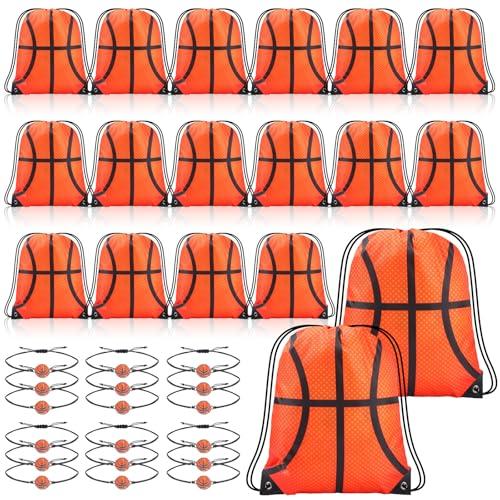 Reginary 18 Pcs Basketball Drawstring Bag and 18 Pcs Basketball Bracelet Bulk Goodie Bags Drawstring Backpack Adjustable Braided Sport Charm Bracelet for Boys Girls