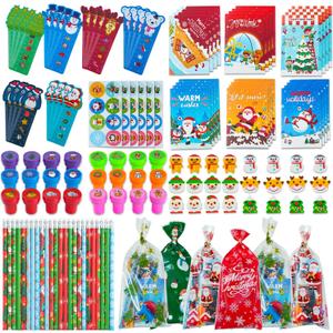 Budbof 168 Pcs Christmas Party Favors for Kids Bulk, 24-Pack School Stationery Set with Notebook Pencils Erasers Rulers Treat Bags for Classroom Gift Exchange Students Prizes Reward