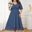 Plus Size Smocked Milkmaid Maxi Dress for Curvy Women Puff Sleeve Wedding Guest Summer Dresses Lace Trim (Blue, XL)