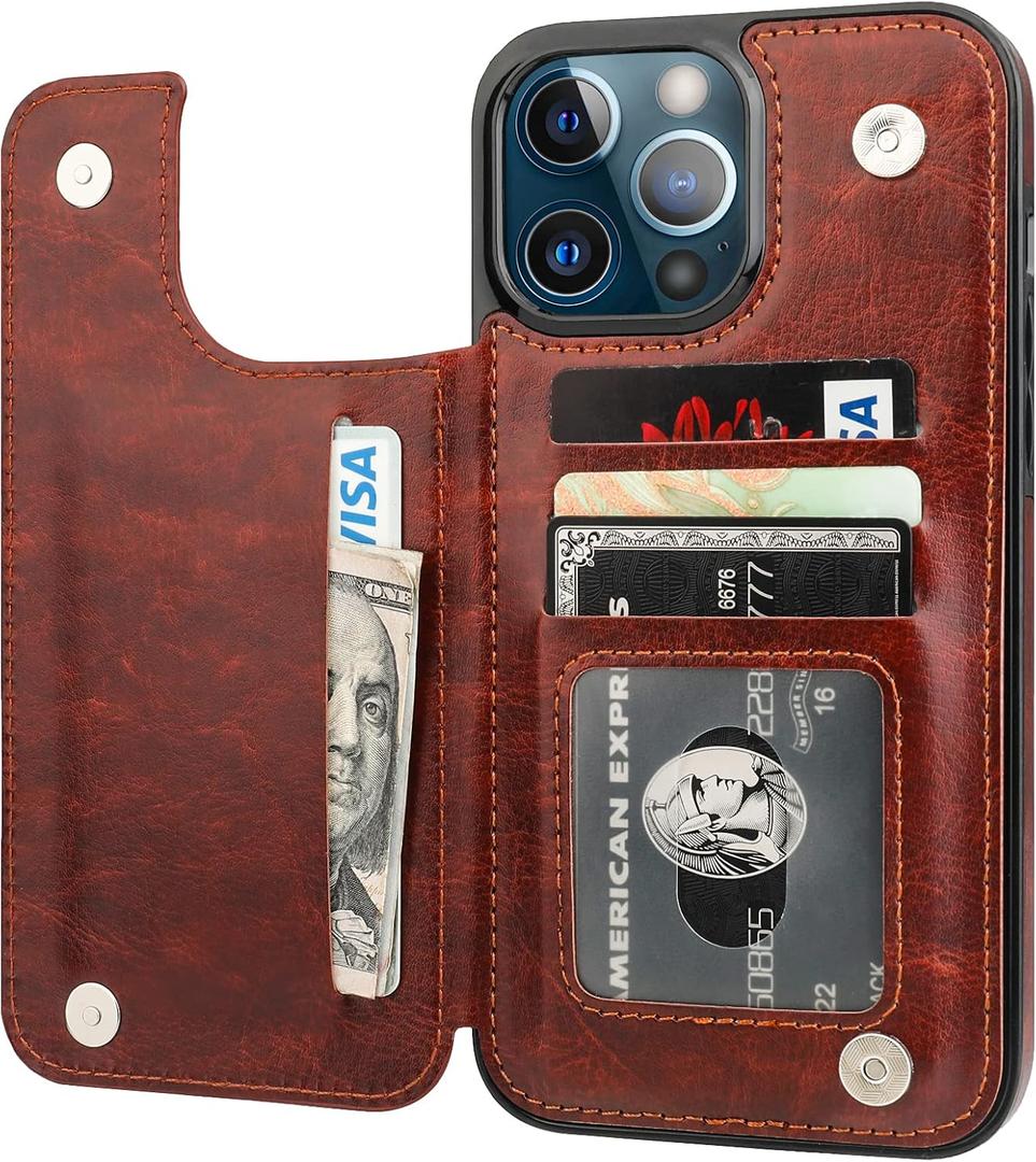 ONETOP Compatible with iPhone 13 Pro Max Wallet Case with Card Holder,PU Leather Kickstand Card Slots Case, Double Magnetic Clasp and Durable Shockproof Cover 6.7 Inch(Brown)