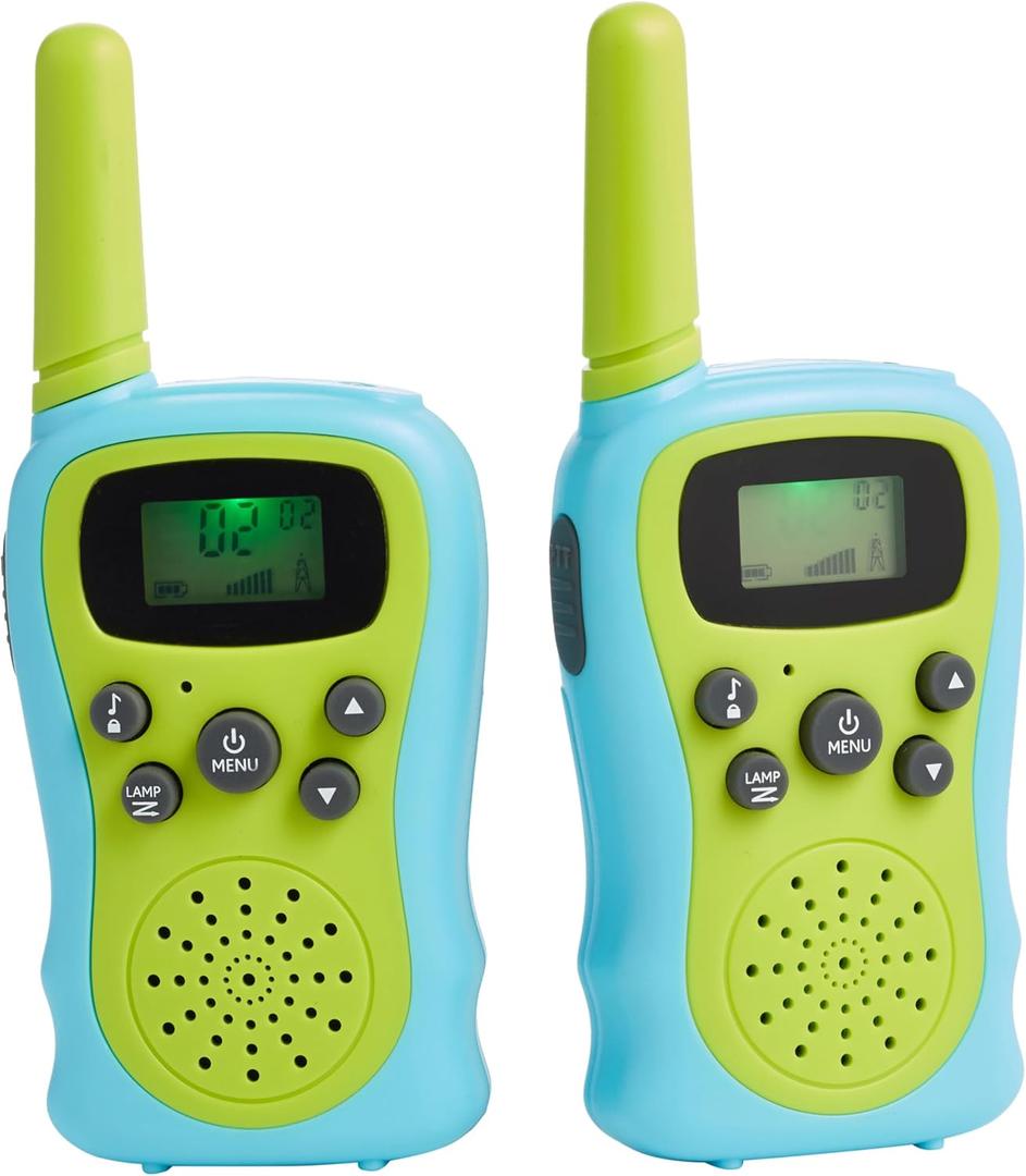 Amazon Basics Kids Walkie Talkie Set, Range Extending Set of 2, for Camping or Birthday Toys, Green and Blue