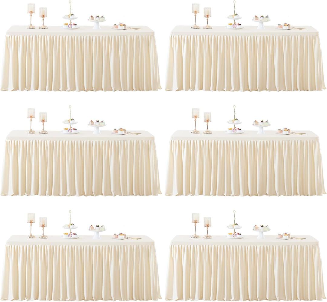 6 Packs Light Champagne Polyester Table Clothes for 6 Foot Rectangle Tables, Wrinkle Free Fitted Table Cover 6ft Stretch Tablecloths with Skirt for Parties Weddings Birthday Banquet Baby Shower