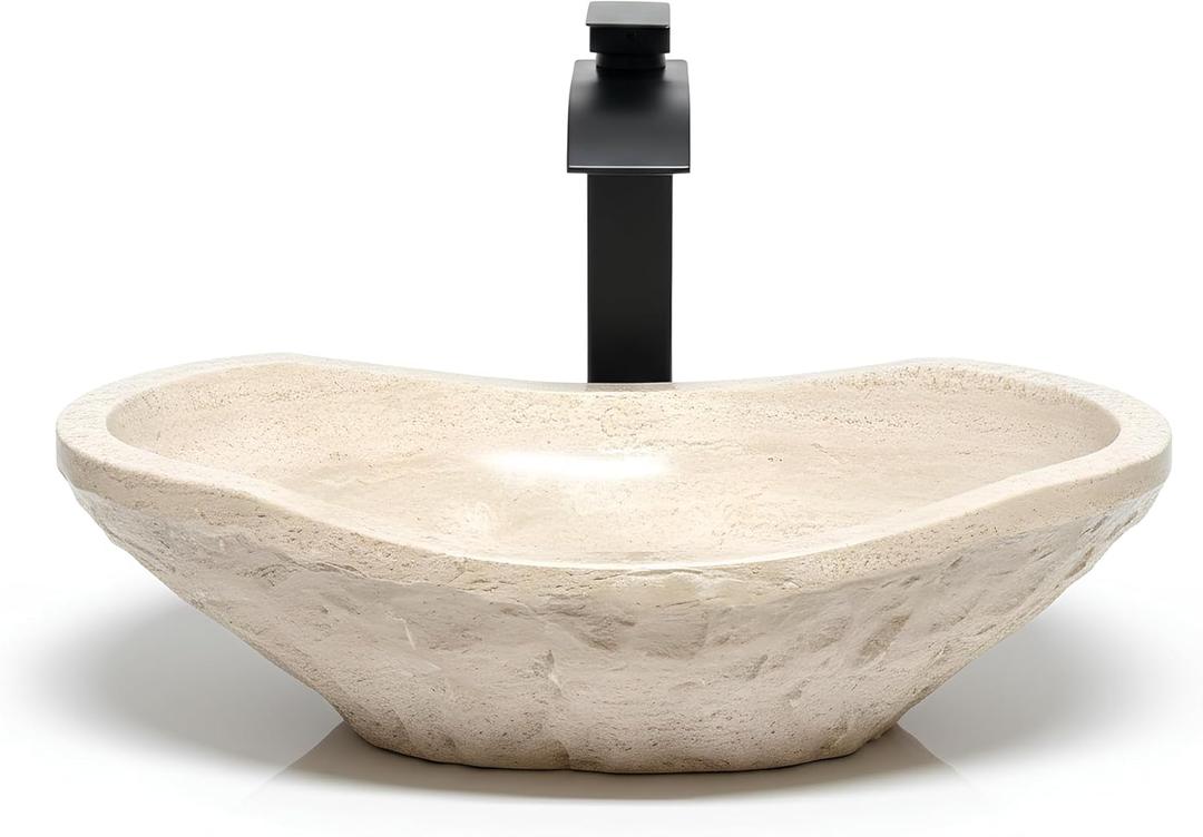Oval Travertine Vessel Sink Natural Stone Wash Basin, Hand-Carved Bathroom Sink with Chiseled Exterior & Polished Interior, Above Counter Vanity Basin (Includes Matching Soap Tray), 14"Wide x 19.5"Length x 6" Height