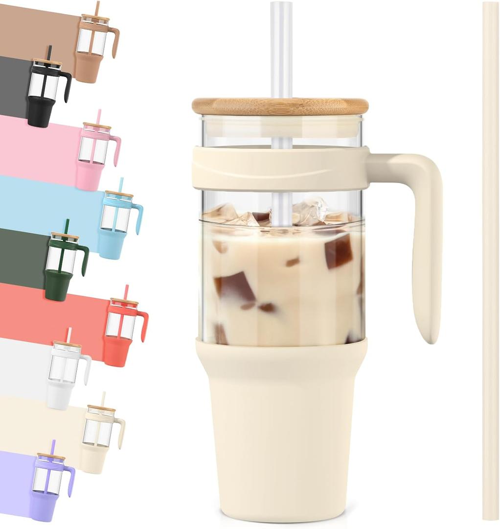Tronco Glass Tumbler with Straw and Lid, Reusable Iced Coffee Cup with Handle, Glass Water Bottles for Smoothie, Fits Cup Holders, Lead-Free, BPA-Free (42 Ounces, Cream-Bamboo)