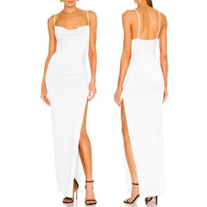 Aigeman Women Spaghetti Straps Cowl Neck Maxi Dress Bodycon Formal Dresses Ruched High Slit Cocktail Party Dress 60 (White, S)