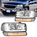 LED DRL Headlights Assembly Compatible with 1999-2007 GMC Sierra 1500 1999-2006 Yukon 2000-2006 Yukon XL 1500 2500 No Denali Replacements Clear Reflector Chrome Housing