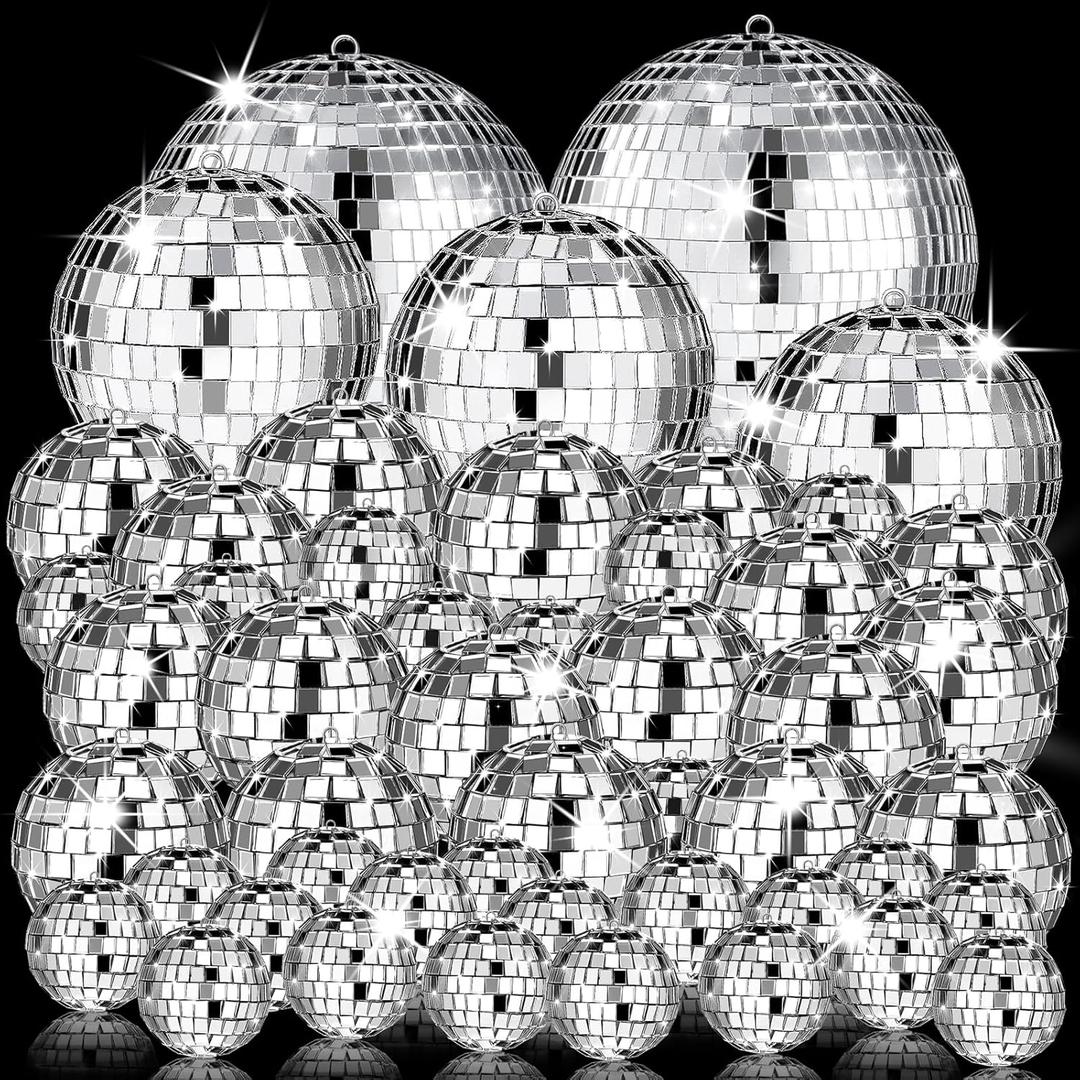 54 Pcs Disco Ball, Hanging Disco Ball Decor Mini Silver Disco Ball Cake Topper Mirror Ball Decorations 71s Disco Themed Party Wedding Christmas Supplies (1.2 Inch, 2 Inch, 3.2 Inch, 4 Inch)
