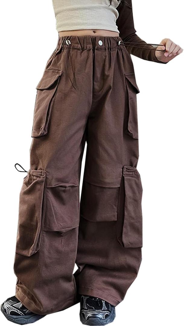 SANGTREE Girls Multi-Pocket Baggy Cargo Pants,6-14 Years | Elastic Drawstring High Waist Wide Leg Trousers Y2K Streetwear Pants|Adjustable Side Pockets|Teen School,Casual Daily