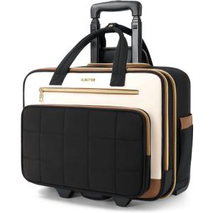Rolling Puffer Laptop Bag, Rolling Briefcase for Women, Wheeled 16 Inch Computer Bag, Water Resistant Stylish Overnight Underseat Carry On Luggage with Wheels for Work Travel Business,Beige Brown