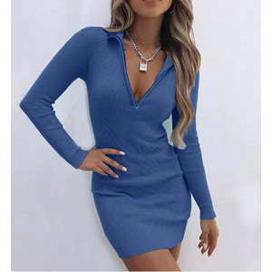 Valiamcep Women's Dress Long Sleeve V Neck Collared Ribbed Knit Bodycon Mini Pencil Dresses, Blue, M