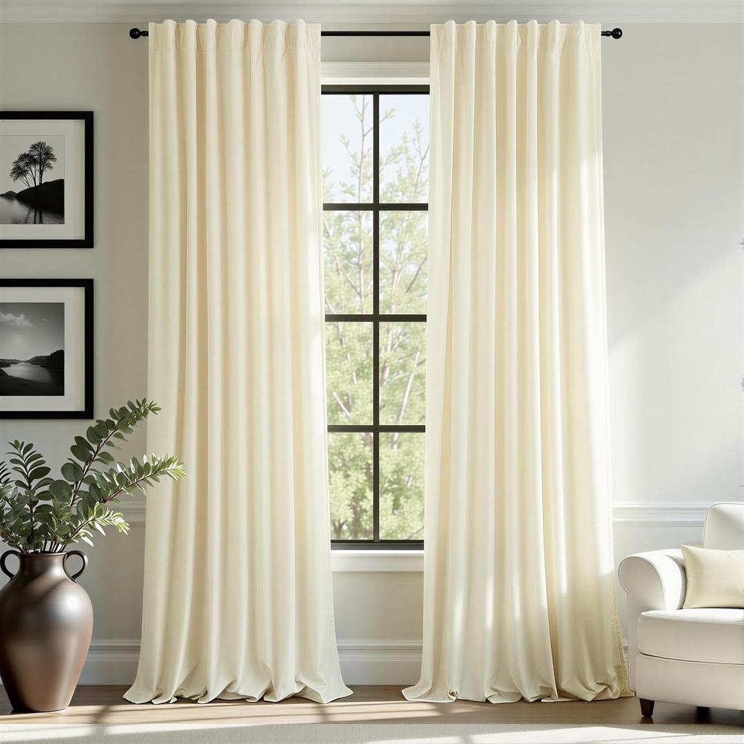 Ivory Velvet Curtains 96 Inches Long for Bedroom Aesthetic 2 Panel Back Tab Pocket Thick Heavy Sound Proof Reducing Light Filtering Off White Drape for Patio Sliding Door Living Room Darkening Elegant