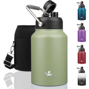 Half Gallon Jug with Handle,64 oz Insulated Water Bottle with Carrying Pouch,Double Wall Vacuum Stainless Steel Metal Bottle,Camp Green